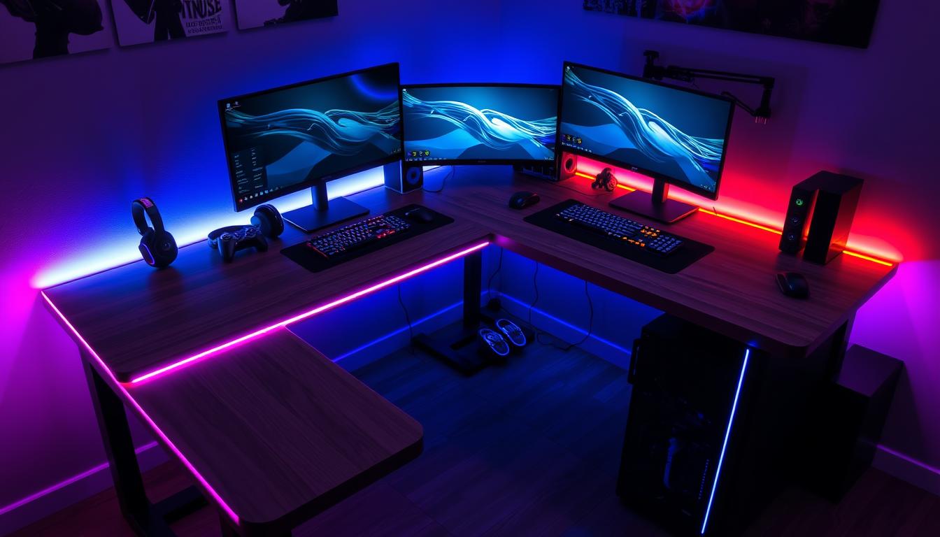 Modern L-shaped gaming Desk with LED Lights & Power Outlets